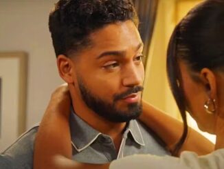 Jordan looking at a woman who has her arms around his neck in all american season