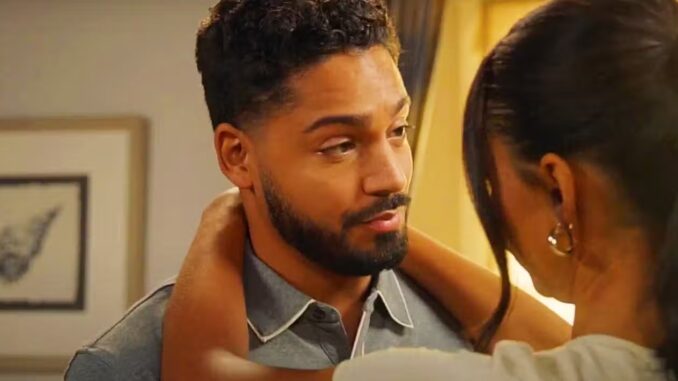 Jordan looking at a woman who has her arms around his neck in all american season