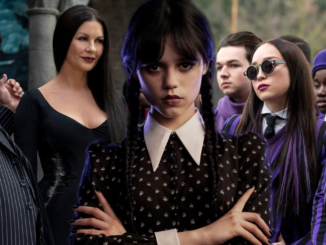 Collage of wednesday morticia and gomez and her classmates in wednesday