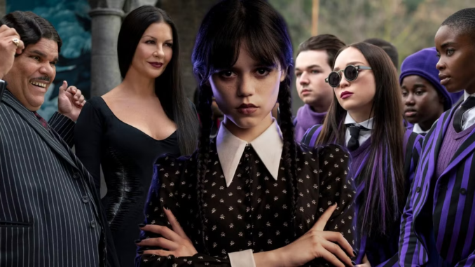Collage of wednesday morticia and gomez and her classmates in wednesday