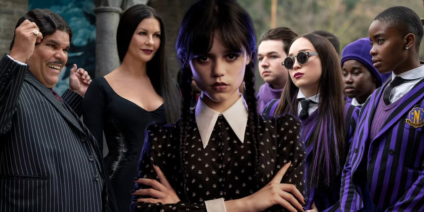 Collage of wednesday morticia and gomez and her classmates in wednesday