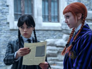 Wednesday addams and agnes looking at an article in wednesday season